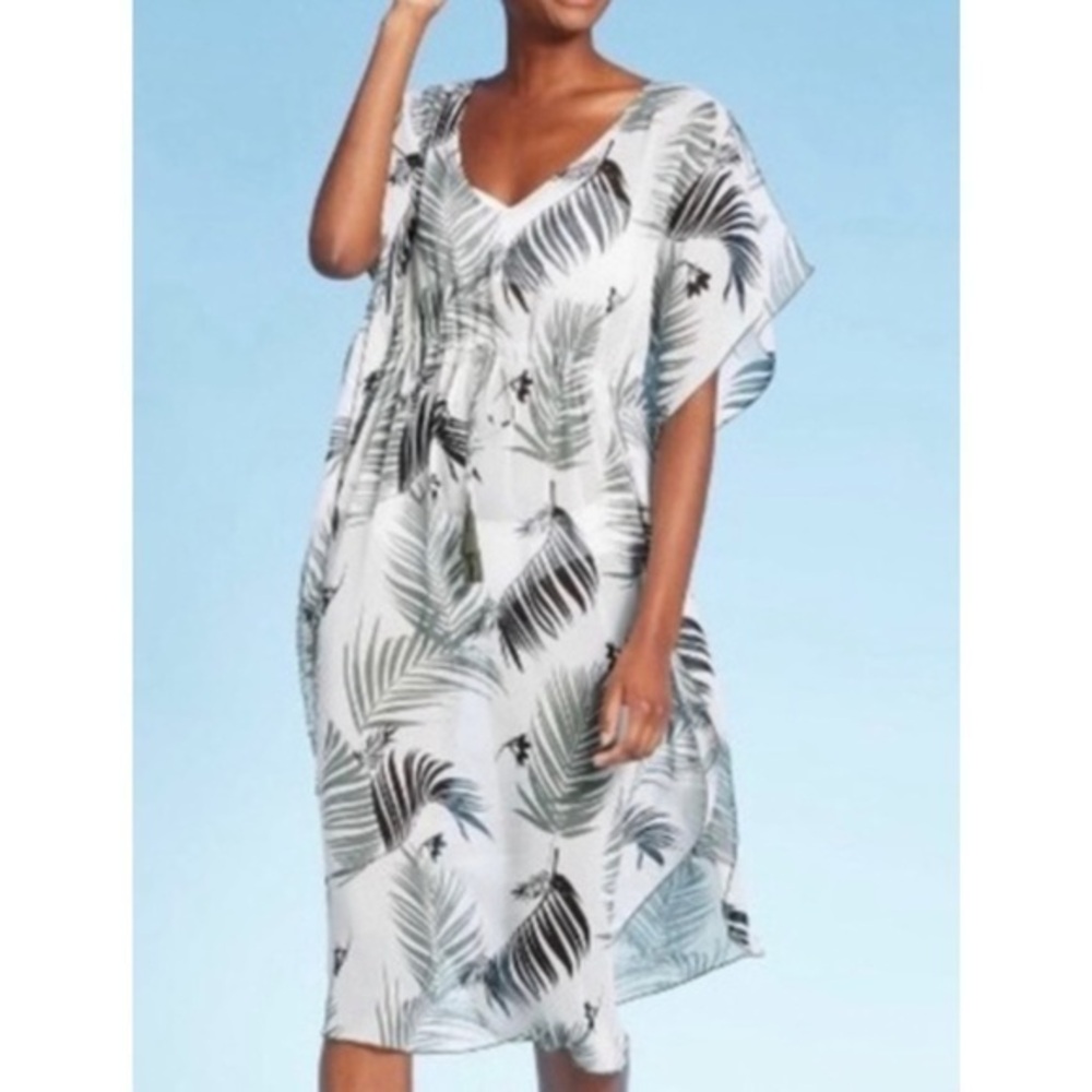 Kona Sol Gray & Black Palm Leaves Midi Kimono Swimsuit Cover Large
